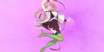 Mitsuri Kanroji love hashira with pink background jumping pose green stockings and sword from Demon Slayer anime wallpaper