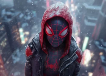 Miles Morales Snow City Close Up Live Wallpaper 2 Miles Morales close up in red hood with snow falling and blurred city lights background Spider Man animated wallpaper