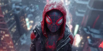 Miles Morales close up in red hood with snow falling and blurred city lights background Spider Man animated wallpaper