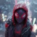 Miles Morales close up in red hood with snow falling and blurred city lights background Spider Man animated wallpaper