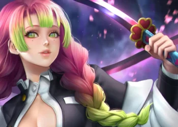 Mitsuri Kanroji close up with pink and green hair soft glowing background anime aesthetic sword detail vibrant eyes wallpaper