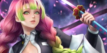 Mitsuri Kanroji close up with pink and green hair soft glowing background anime aesthetic sword detail vibrant eyes wallpaper