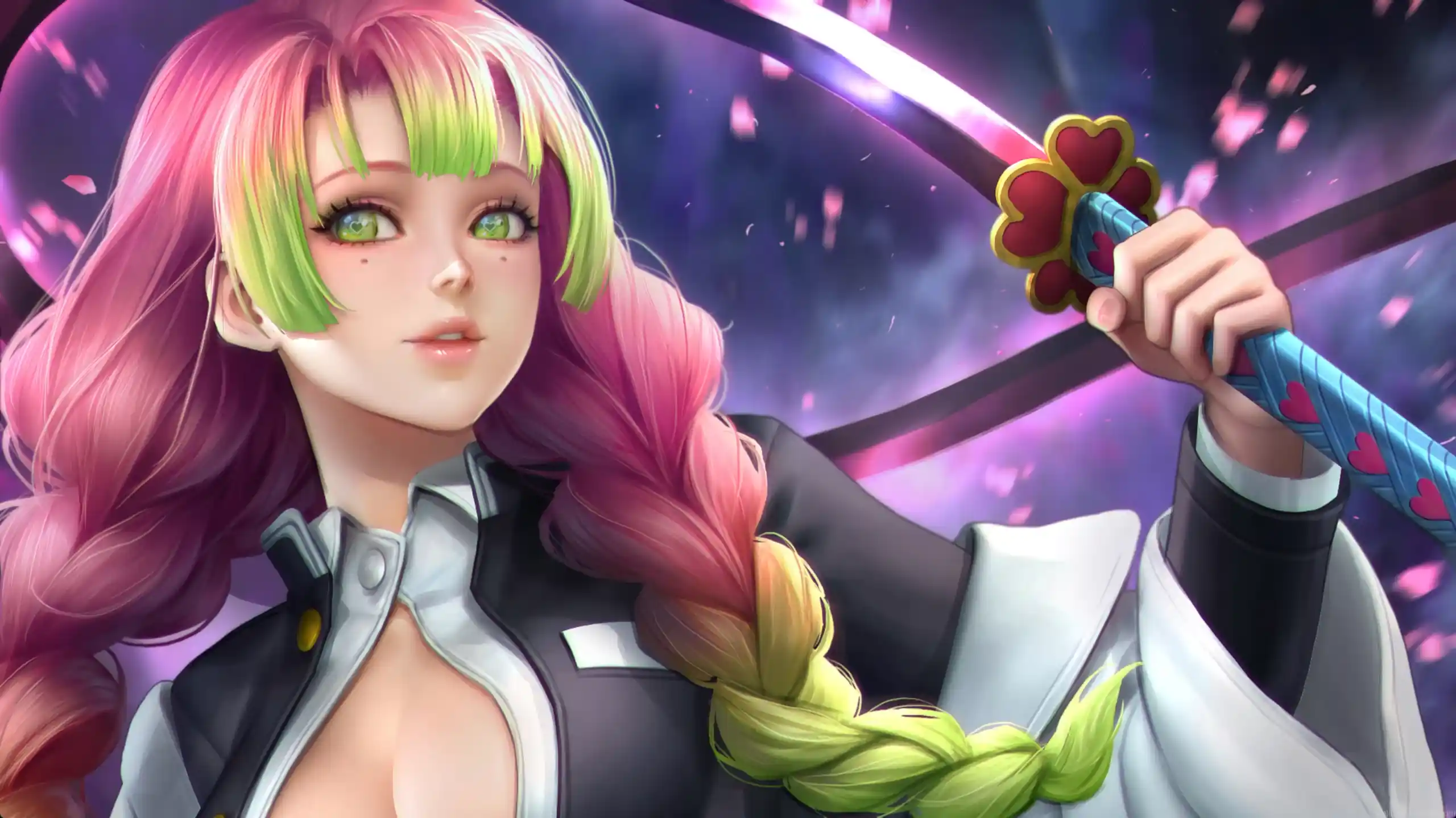 Mitsuri Kanroji close up with pink and green hair soft glowing background anime aesthetic sword detail vibrant eyes wallpaper