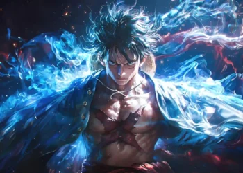 Monkey D Luffy haki power surge with blue and red energy aura intense anime scene from One Piece wallpaper