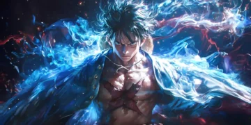 Monkey D Luffy haki power surge with blue and red energy aura intense anime scene from One Piece wallpaper