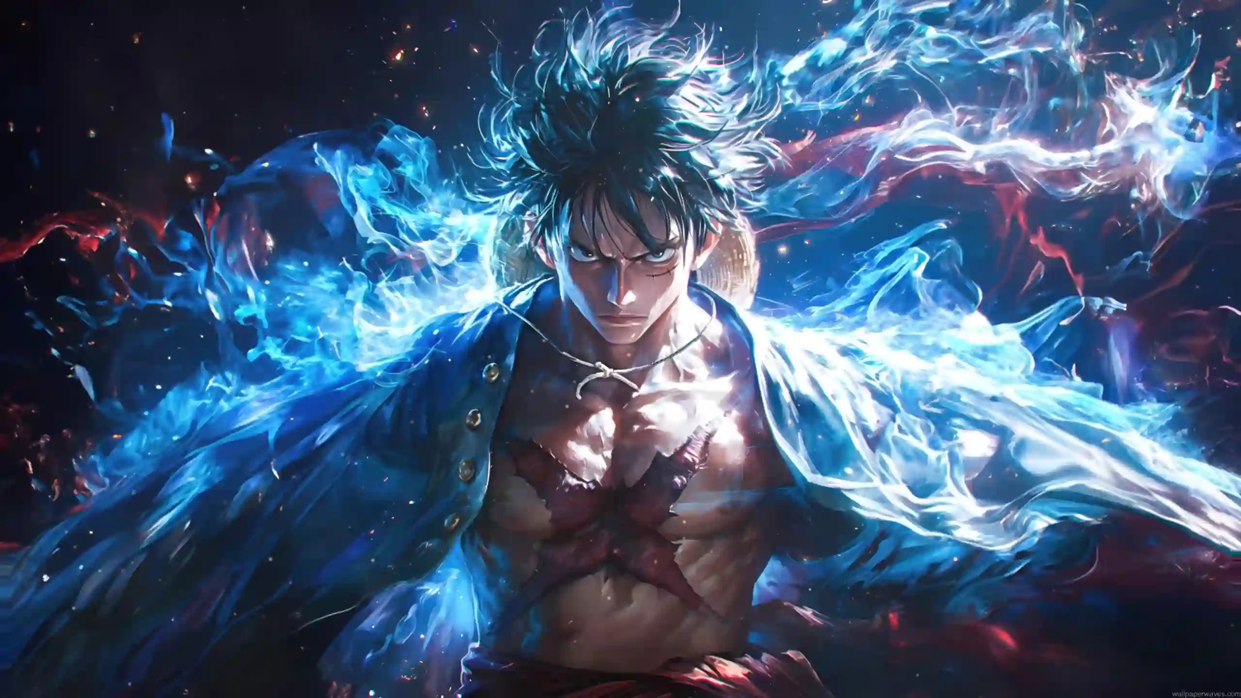 Monkey D Luffy haki power surge with blue and red energy aura intense anime scene from One Piece wallpaper