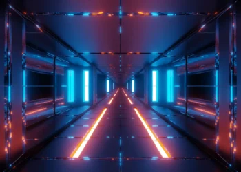 neon sci fi tunnel corridor futuristic hallway glowing lights cyberpunk aesthetic infinite perspective digital space wallpaper