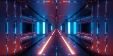 neon sci fi tunnel corridor futuristic hallway glowing lights cyberpunk aesthetic infinite perspective digital space wallpaper