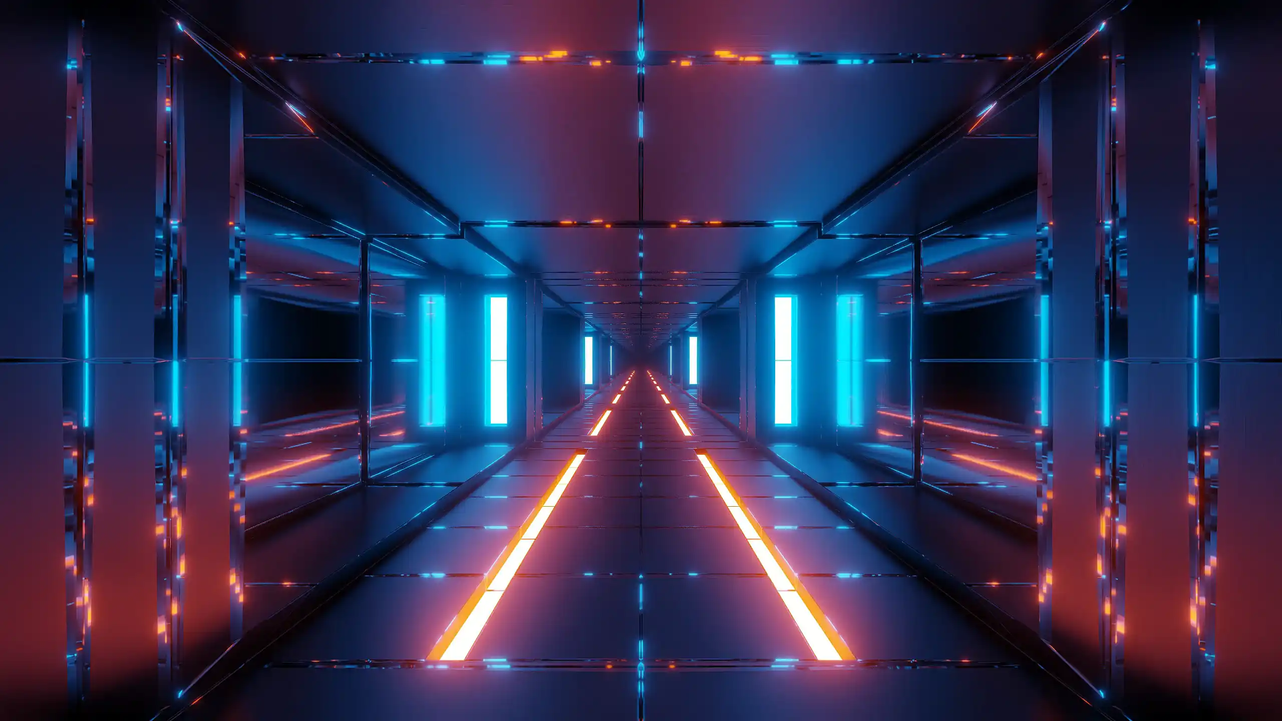 neon sci fi tunnel corridor futuristic hallway glowing lights cyberpunk aesthetic infinite perspective digital space wallpaper