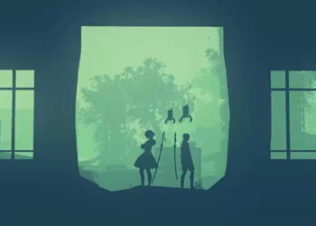 NieR Automata 2B and 9S Window Silhouette Live Wallpaper 1 2B and 9S silhouette standing by window with green light rainy atmosphere and minimal background Nier Automata wallpaper