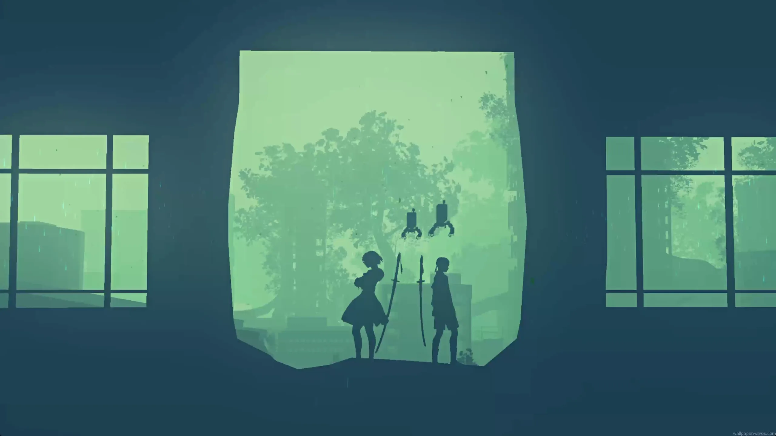 2B and 9S silhouette standing by window with green light rainy atmosphere and minimal background Nier Automata wallpaper
