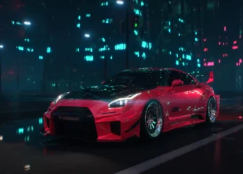 nissan gtr cyberpunk neon city car night rain street glow automotive wallpaper