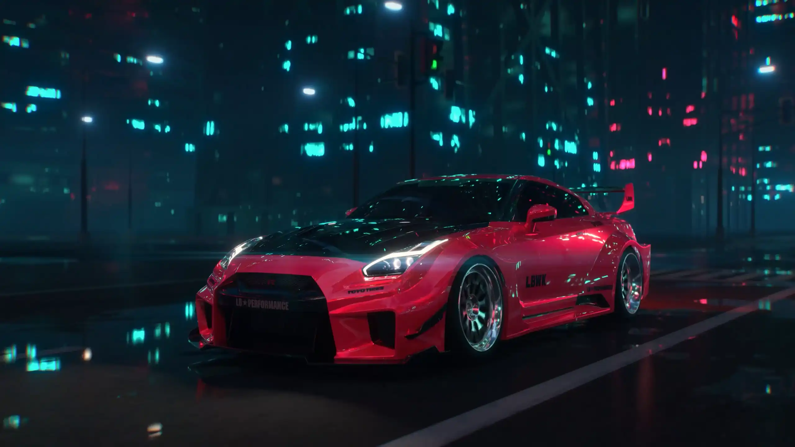 nissan gtr cyberpunk neon city car night rain street glow automotive wallpaper