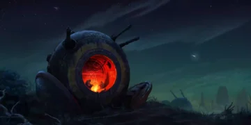 post apocalyptic survival pod glowing warm light with silhouettes inside under starry night sky and ruined landscape sci fi wallpaper