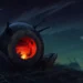 post apocalyptic survival pod glowing warm light with silhouettes inside under starry night sky and ruined landscape sci fi wallpaper