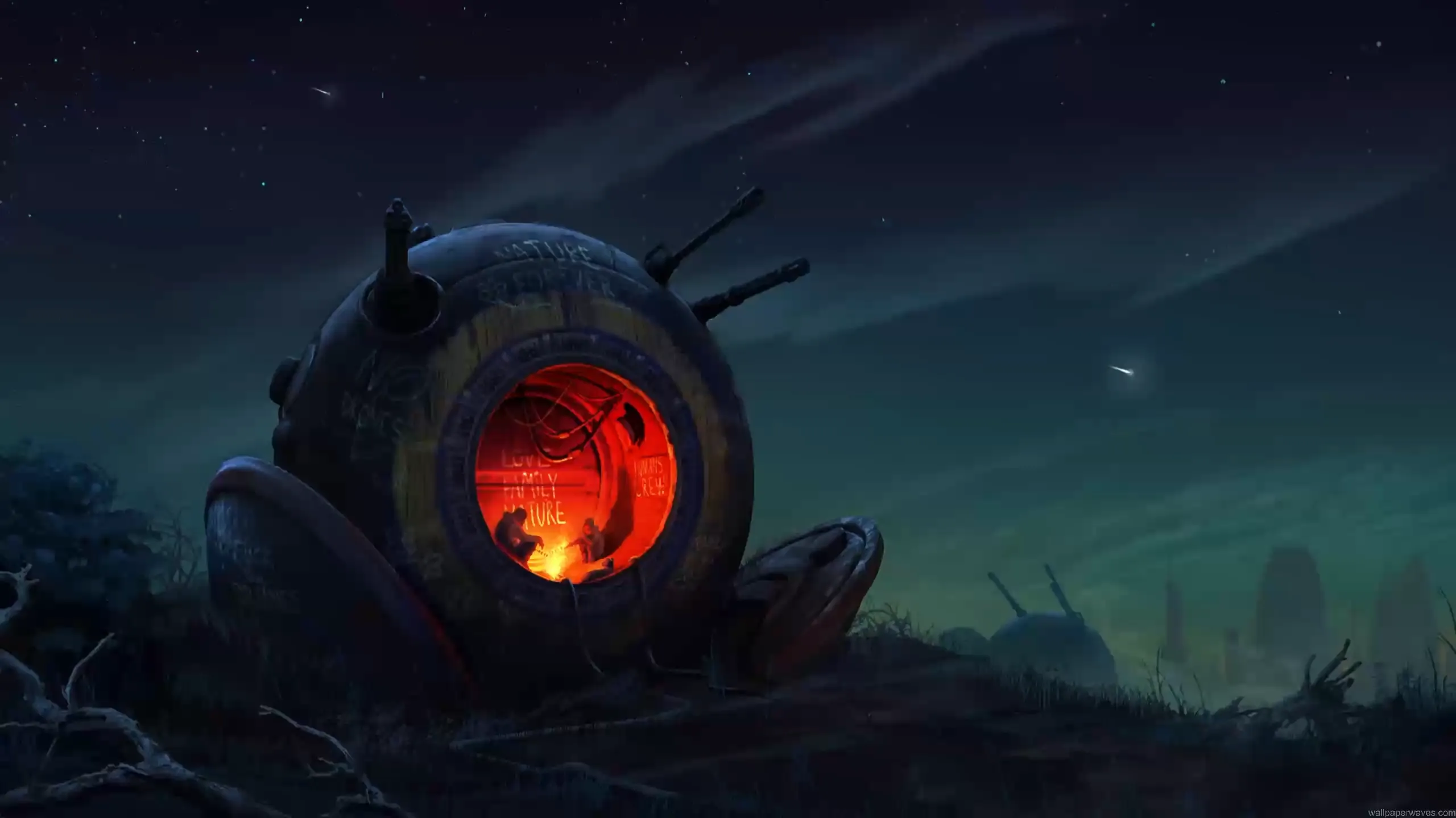 post apocalyptic survival pod glowing warm light with silhouettes inside under starry night sky and ruined landscape sci fi wallpaper