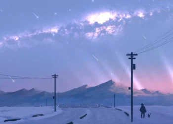 snowy road milky way night sky stars winter landscape aurora mountains aesthetic calm wallpaper