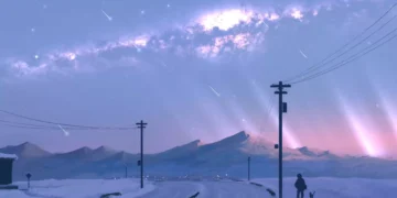 snowy road milky way night sky stars winter landscape aurora mountains aesthetic calm wallpaper