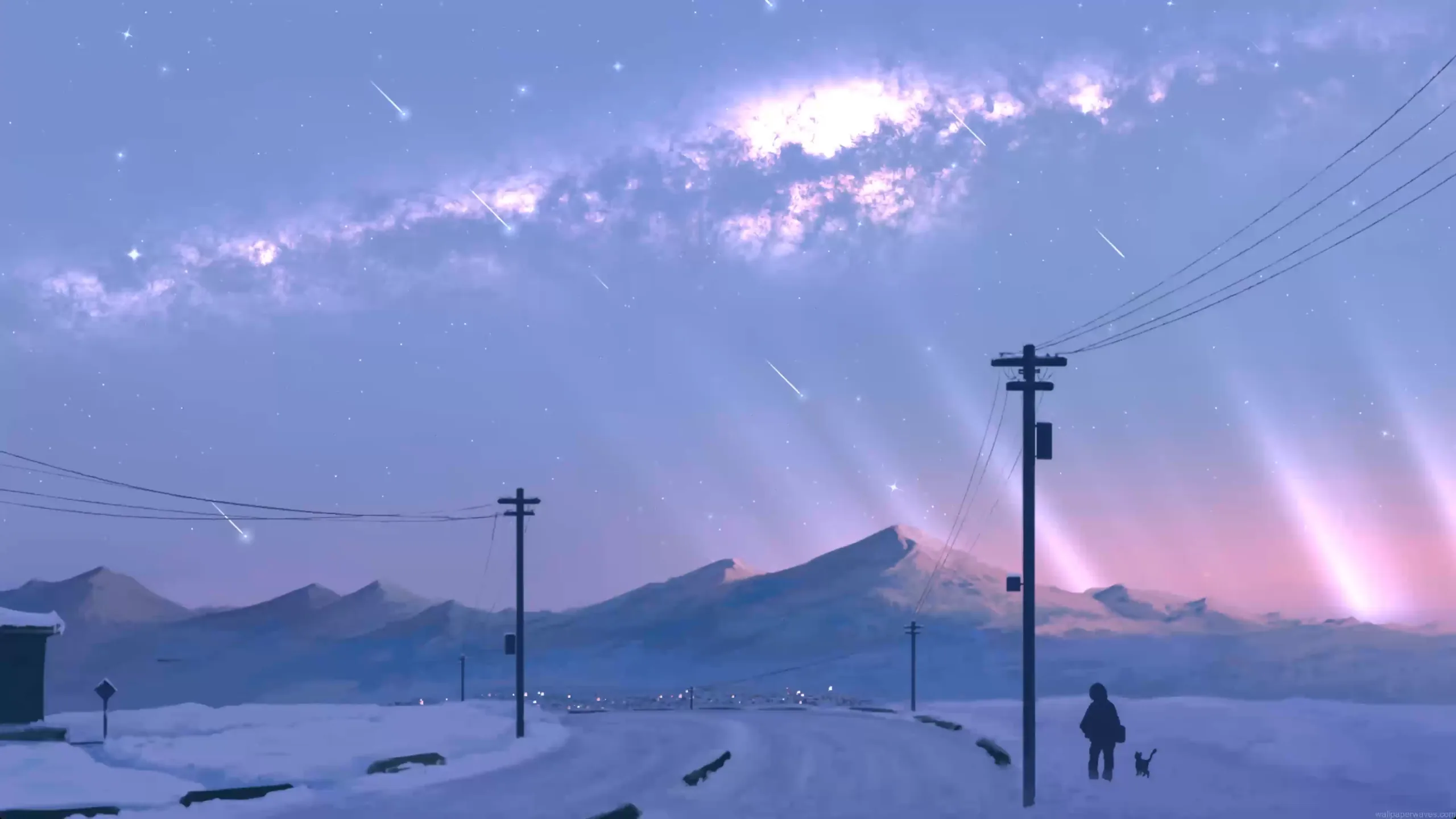 snowy road milky way night sky stars winter landscape aurora mountains aesthetic calm wallpaper