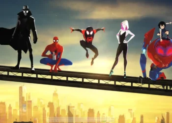 spider verse team lineup with multiple spider man characters on beam above city skyline at sunset including miles morales and spider gwen animated wallpaper