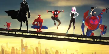 spider verse team lineup with multiple spider man characters on beam above city skyline at sunset including miles morales and spider gwen animated wallpaper