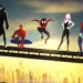 Spider Man Across the Spider Verse Team Lineup Live Wallpaper 10 spider verse team lineup with multiple spider man characters on beam above city skyline at sunset including miles morales and spider gwen animated wallpaper