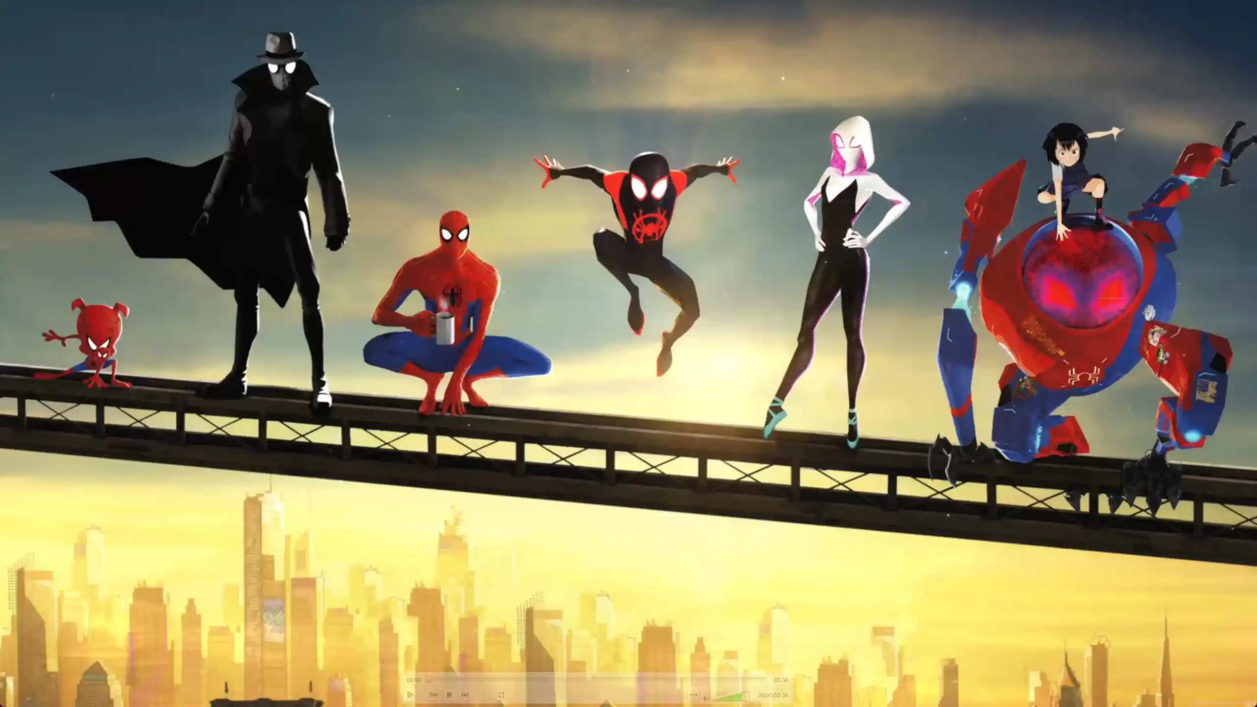 spider verse team lineup with multiple spider man characters on beam above city skyline at sunset including miles morales and spider gwen animated wallpaper