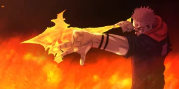 Sukuna cursed fire power with glowing flames and intense red aura from Jujutsu Kaisen anime wallpaper