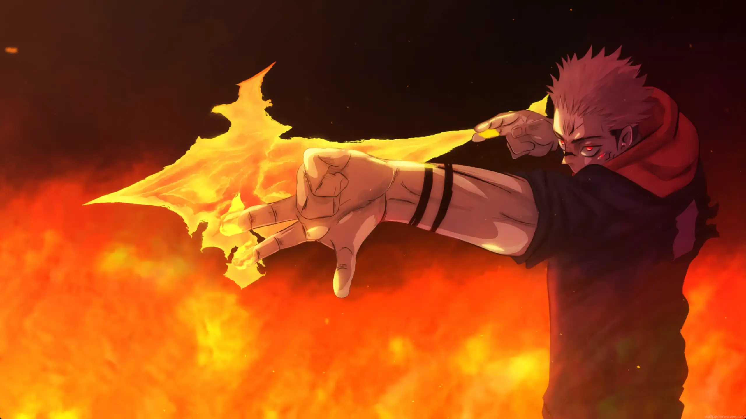 Sukuna cursed fire power with glowing flames and intense red aura from Jujutsu Kaisen anime wallpaper