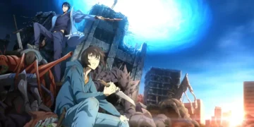 Sung Jin Woo dungeon break aftermath with ruined city glowing portal and defeated monsters from Solo Leveling anime wallpaper