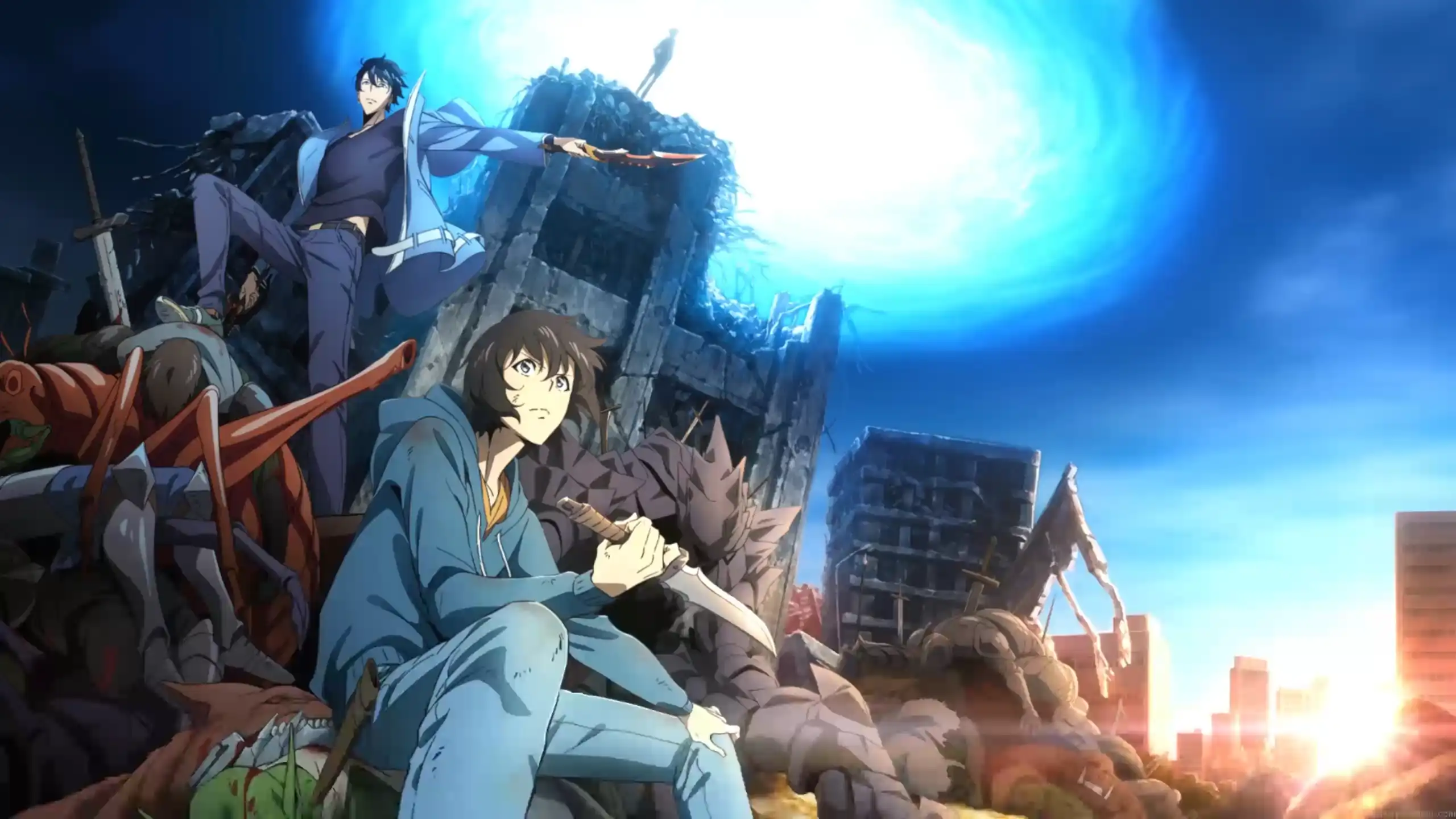 Sung Jin Woo dungeon break aftermath with ruined city glowing portal and defeated monsters from Solo Leveling anime wallpaper
