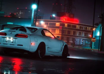 Toyota Supra MK4 neon street drift with wet road reflections city lights and nighttime urban scene car wallpaper