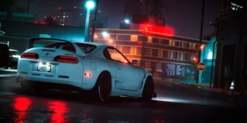 Toyota Supra MK4 neon street drift with wet road reflections city lights and nighttime urban scene car wallpaper