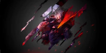 Ken Kaneki ghoul mask with red aura white hair shattered effect and dark anime atmosphere Tokyo Ghoul wallpaper