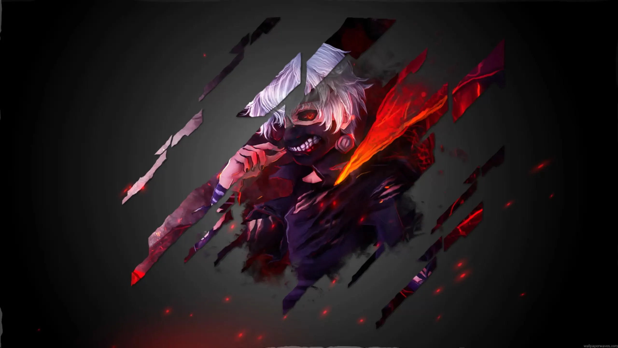 Ken Kaneki ghoul mask with red aura white hair shattered effect and dark anime atmosphere Tokyo Ghoul wallpaper