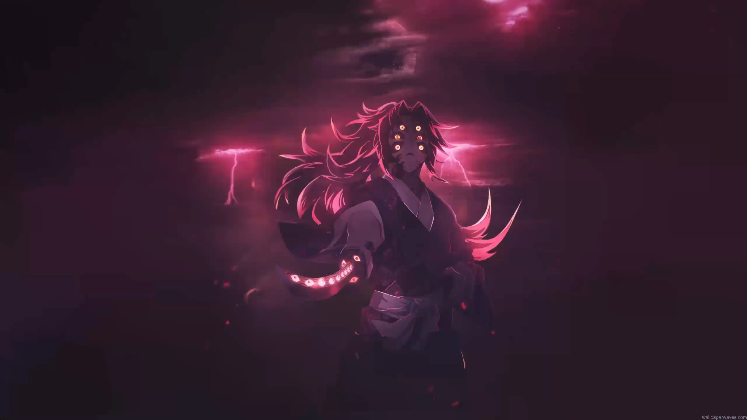 Kokushibo upper moon one with multiple glowing eyes dark red energy lightning and demon aura from Demon Slayer anime wallpaper