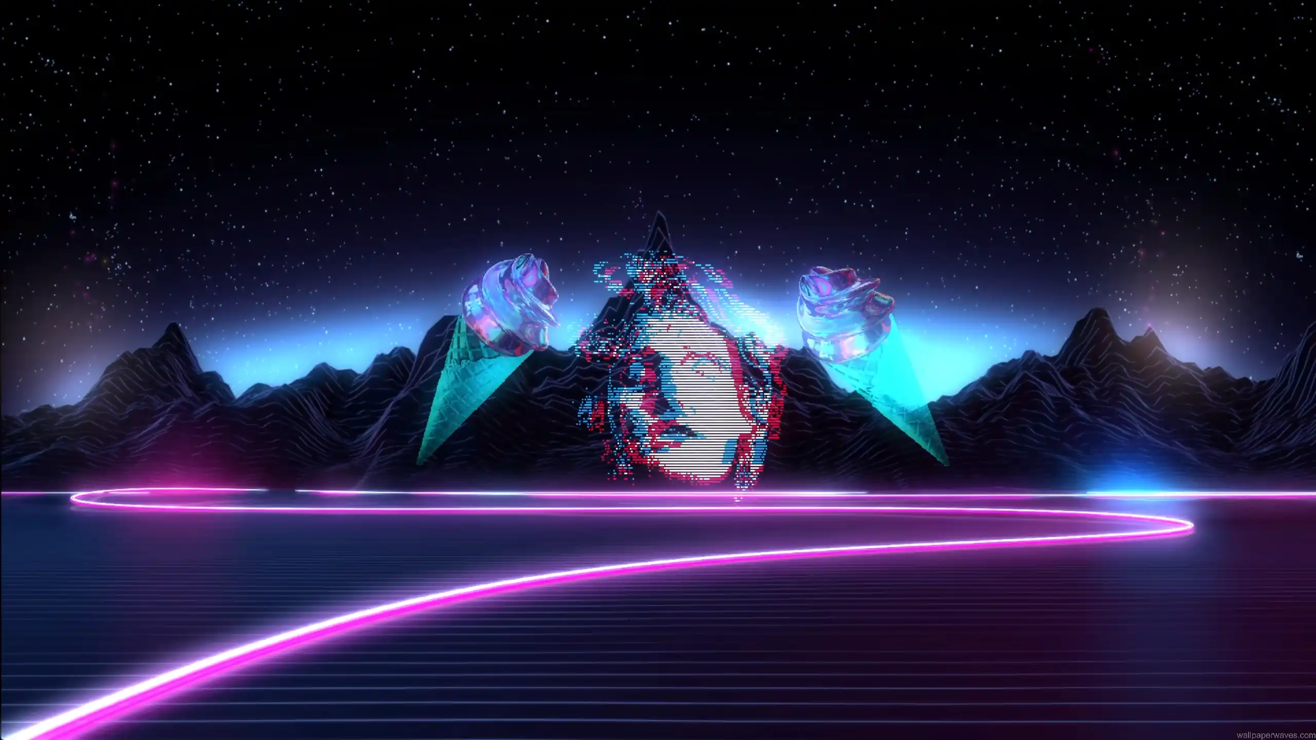 vaporwave glitch neon retro synthwave aesthetic ice cream surreal digital landscape wallpaper