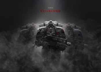 Warhammer 40K space marine evilblood heavy armor futuristic soldier smoke battlefield dark sci fi warrior cinematic wallpaper