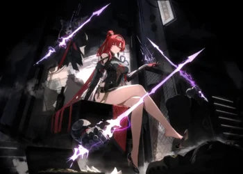 Yinlin Wuthering Waves Dark Fantasy Live Wallpaper 1 Yinlin Wuthering Waves dark fantasy scene with glitch screens purple lightning and cyber anime atmosphere wallpaper