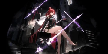 Yinlin Wuthering Waves dark fantasy scene with glitch screens purple lightning and cyber anime atmosphere wallpaper