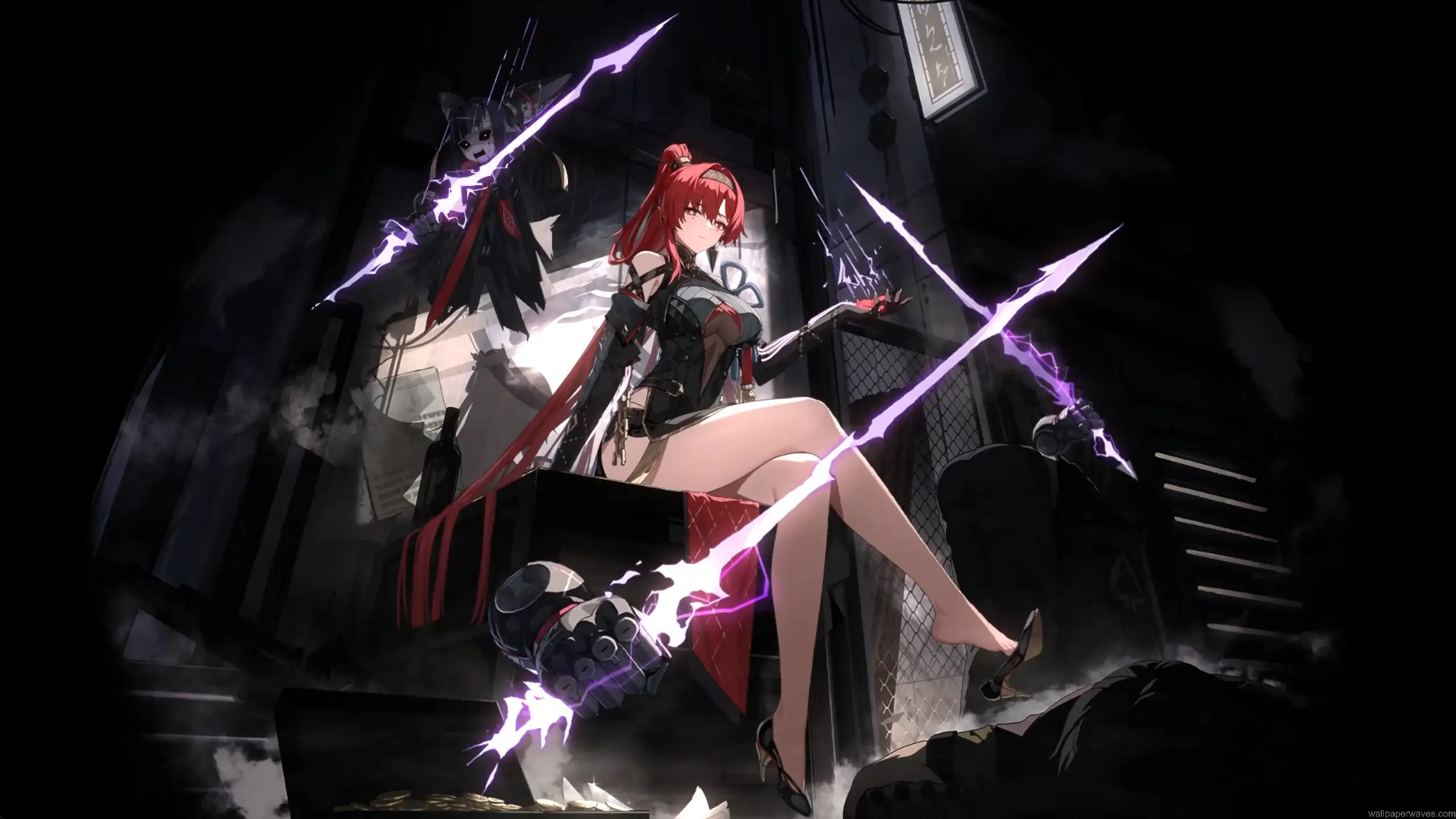 Yinlin Wuthering Waves dark fantasy scene with glitch screens purple lightning and cyber anime atmosphere wallpaper