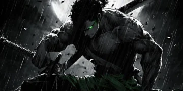 Roronoa Zoro green glowing eye rain sword dark anime warrior intense black white cinematic One Piece wallpaper