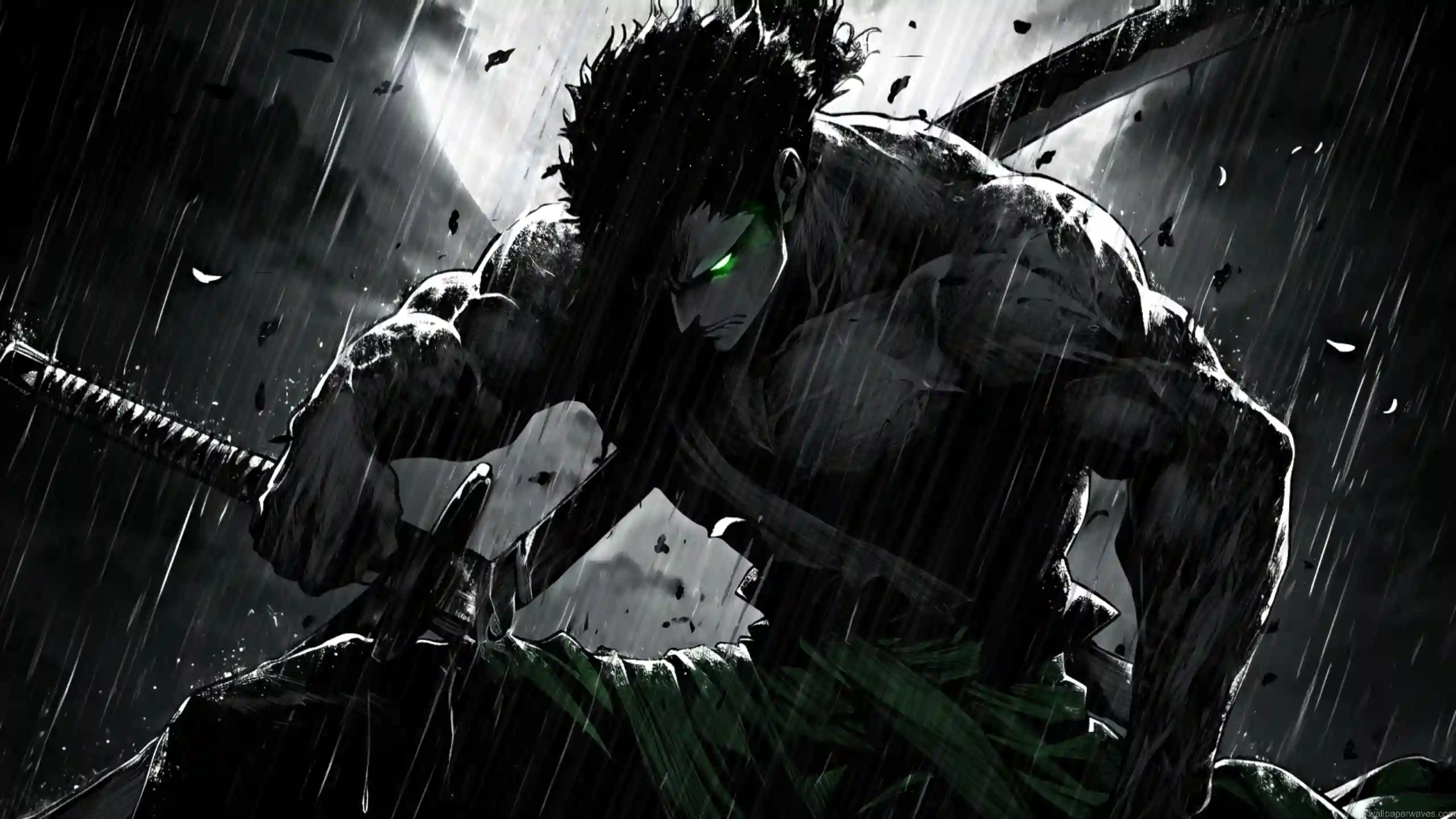 Roronoa Zoro green glowing eye rain sword dark anime warrior intense black white cinematic One Piece wallpaper