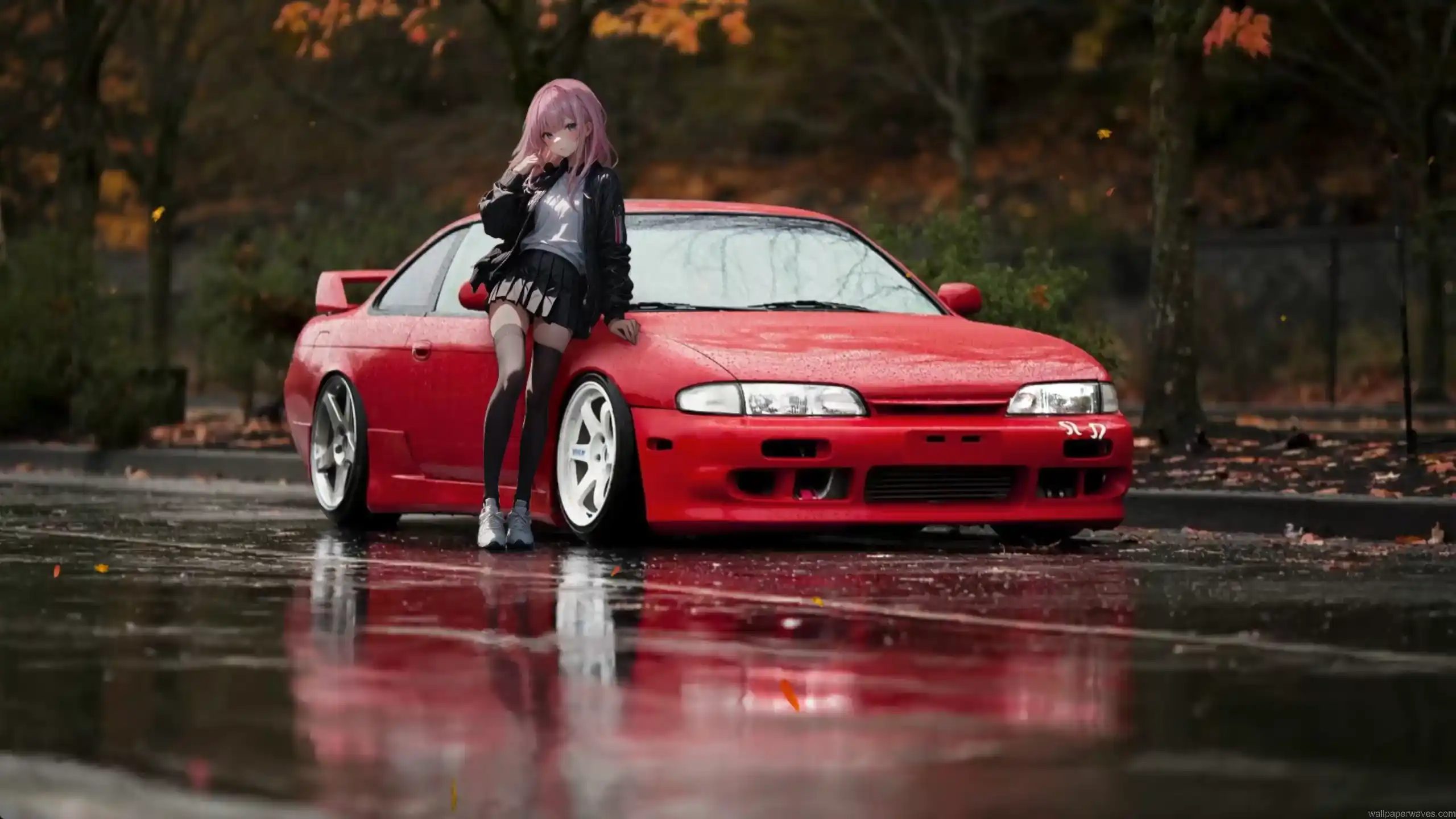 Pink-haired anime girl leaning on a red Nissan Silvia in a rainy autumn parking lot with reflective wet pavement and cinematic JDM street racing atmosphere wallpaper