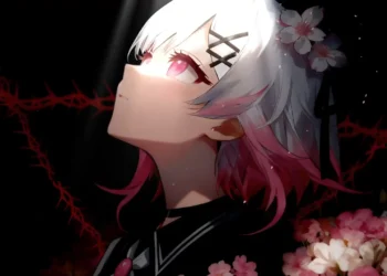 White-haired anime girl with glowing pink eyes surrounded by cherry blossoms and dark crimson thorn patterns wallpaper