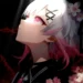 White-haired anime girl with glowing pink eyes surrounded by cherry blossoms and dark crimson thorn patterns wallpaper
