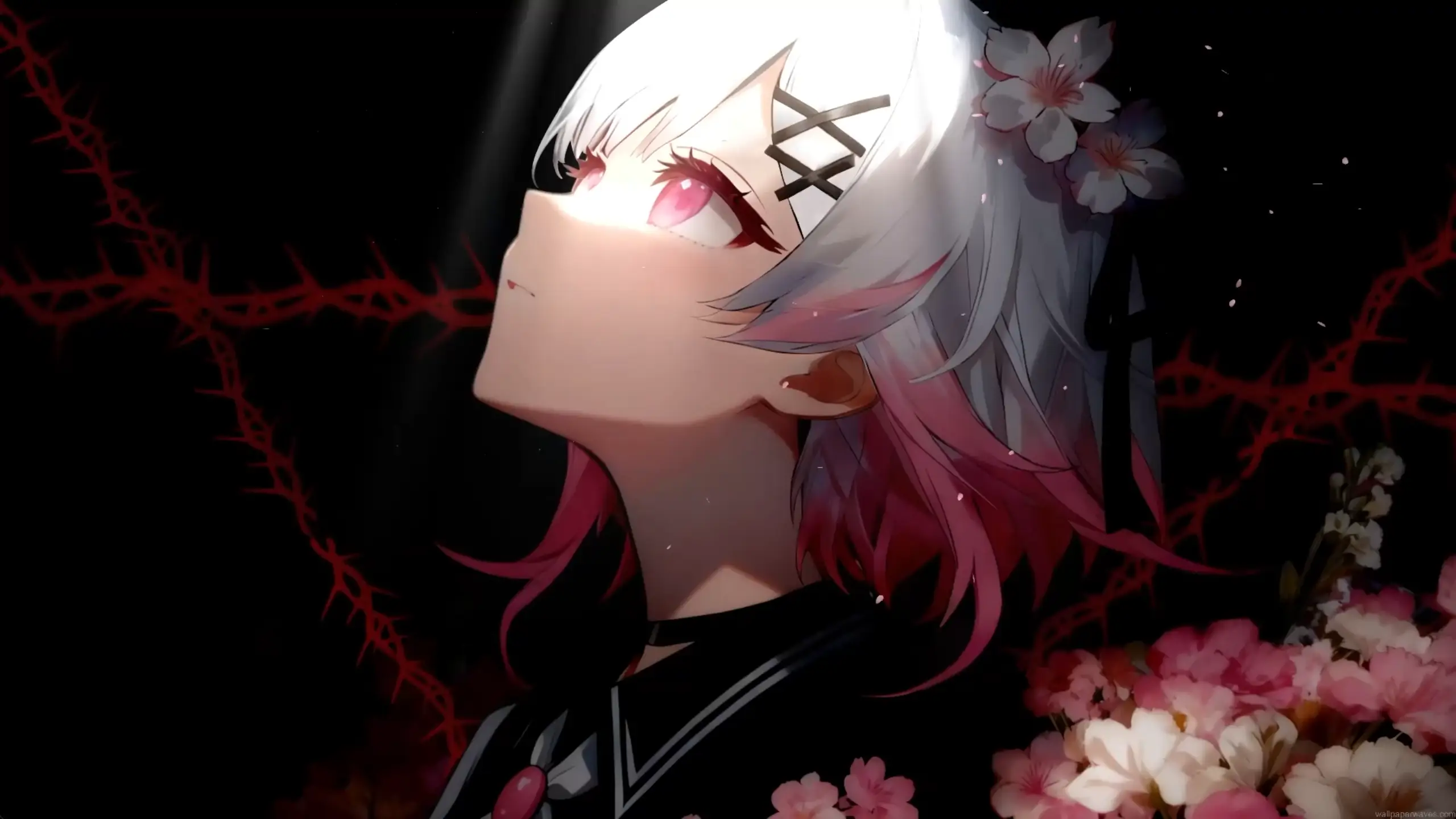 White-haired anime girl with glowing pink eyes surrounded by cherry blossoms and dark crimson thorn patterns wallpaper