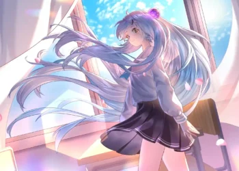 Aquwa VTuber Classroom Breeze Live Wallpaper 3 Anime VTuber girl with flowing silver-blue hair standing beside a sunny classroom window with cherry blossom petals and soft spring aesthetic wallpaper