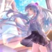 Anime VTuber girl with flowing silver-blue hair standing beside a sunny classroom window with cherry blossom petals and soft spring aesthetic wallpaper