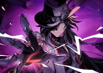Ashveil from Honkai Star Rail surrounded by purple lightning and shattered energy effects in a stylish anime battle wallpaper